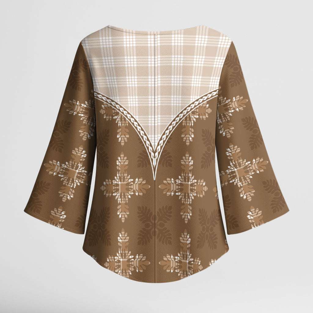 Beige Hawaii Paniolo Quilt Motif Kimono Sleeve Blouse LT05 - Polynesian Pride