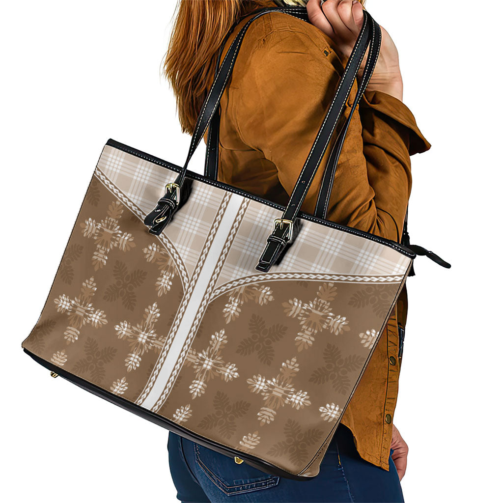 Beige Hawaii Paniolo Quilt Motif Leather Tote Bag LT05 - Polynesian Pride