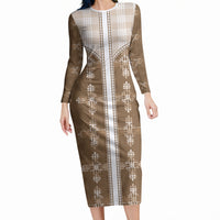 Beige Hawaii Paniolo Quilt Motif Long Sleeve Bodycon Dress LT05 Long Dress Beige - Polynesian Pride