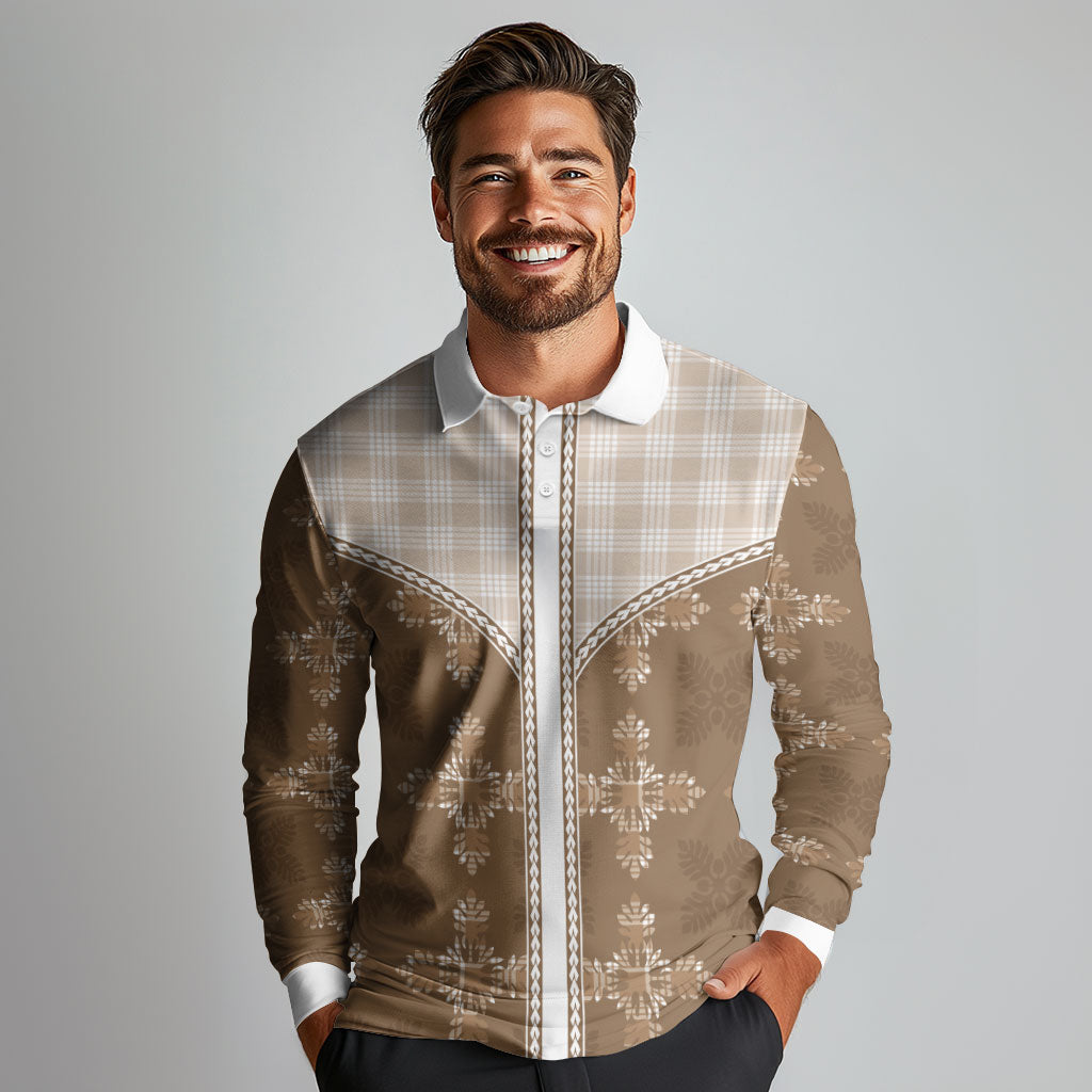 Beige Hawaii Paniolo Quilt Motif Long Sleeve Polo Shirt LT05 - Polynesian Pride