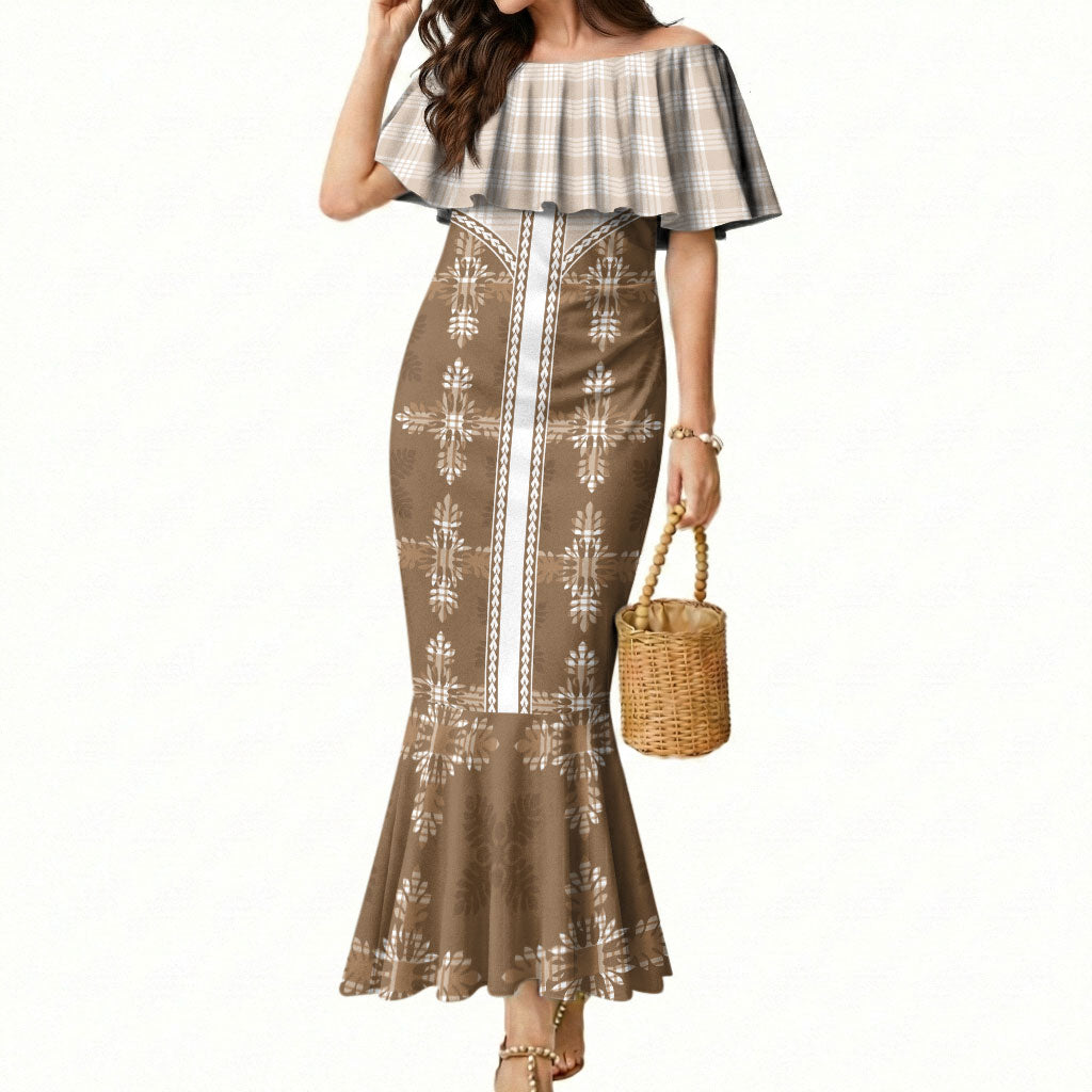 Beige Hawaii Paniolo Quilt Motif Mermaid Dress LT05 Women Beige - Polynesian Pride