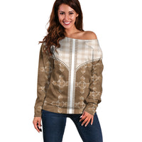 Beige Hawaii Paniolo Quilt Motif Off Shoulder Sweater LT05 Women Beige - Polynesian Pride