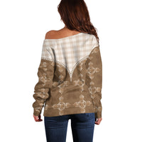 Beige Hawaii Paniolo Quilt Motif Off Shoulder Sweater LT05 - Polynesian Pride