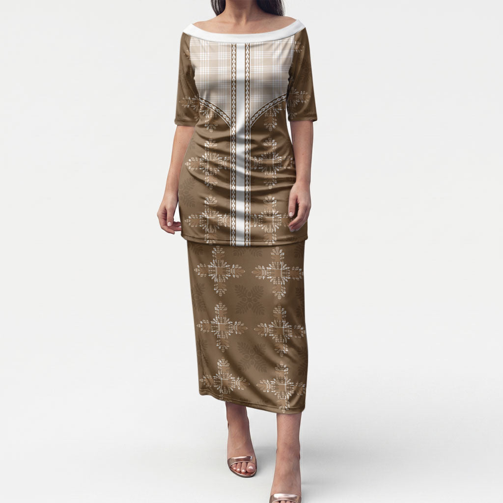 Beige Hawaii Paniolo Quilt Motif Puletasi LT05 Long Dress Beige - Polynesian Pride