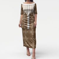 Beige Hawaii Paniolo Quilt Motif Puletasi LT05 Long Dress Beige - Polynesian Pride