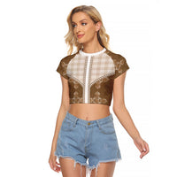 Beige Hawaii Paniolo Quilt Motif Raglan Cropped T Shirt LT05 Female Beige - Polynesian Pride