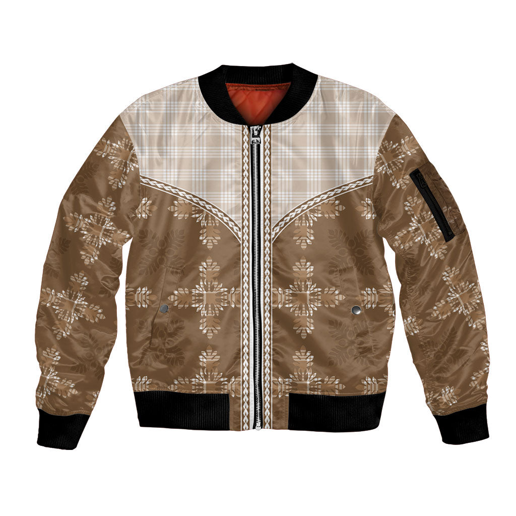 Beige Hawaii Paniolo Quilt Motif Sleeve Zip Bomber Jacket