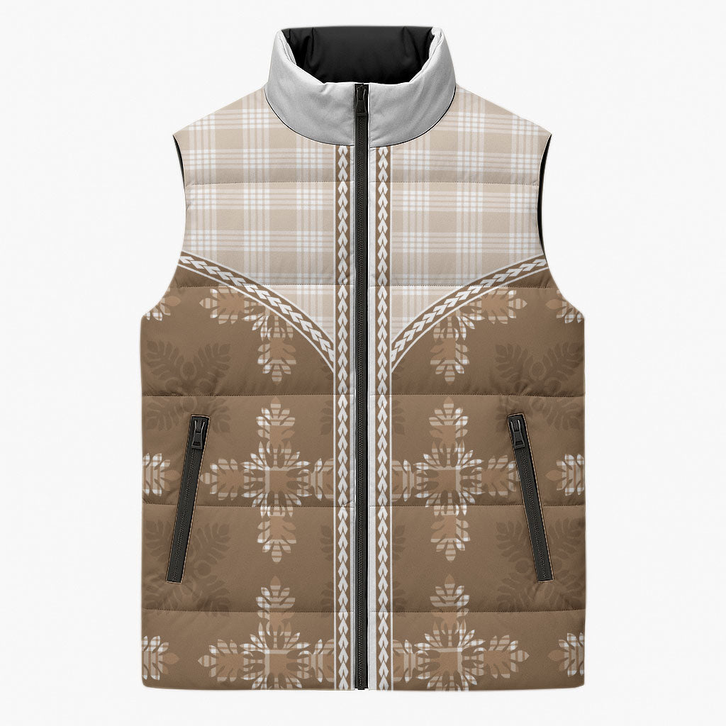 Beige Hawaii Paniolo Quilt Motif Sleeveless Puffer Jacket LT05 Unisex Beige - Polynesian Pride