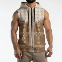 Beige Hawaii Paniolo Quilt Motif Sleeveless Zip Hoodie LT05 - Polynesian Pride