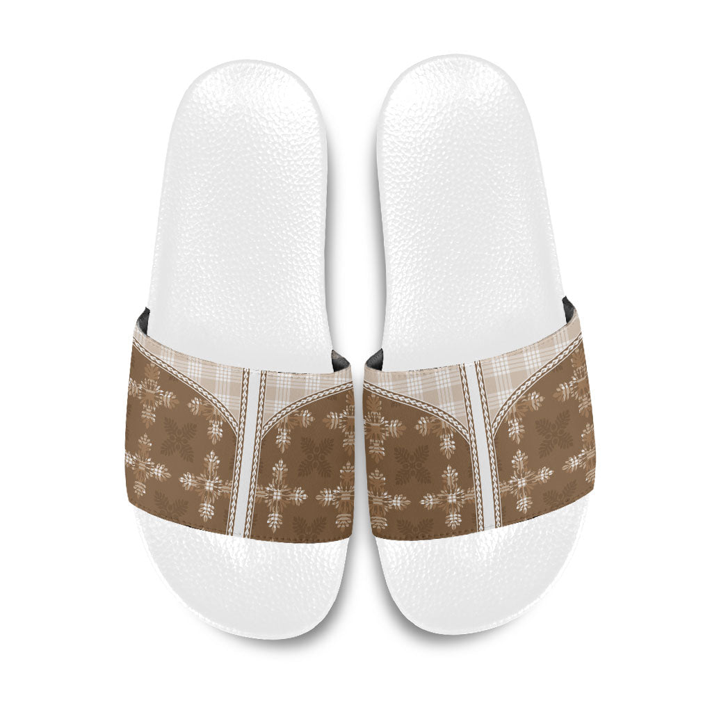 Beige Hawaii Paniolo Quilt Motif Slide Sandals LT05 Beige - Polynesian Pride