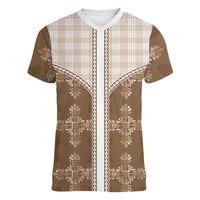 Beige Hawaii Paniolo Quilt Motif Women V-Neck T-Shirt LT05 Female Beige - Polynesian Pride