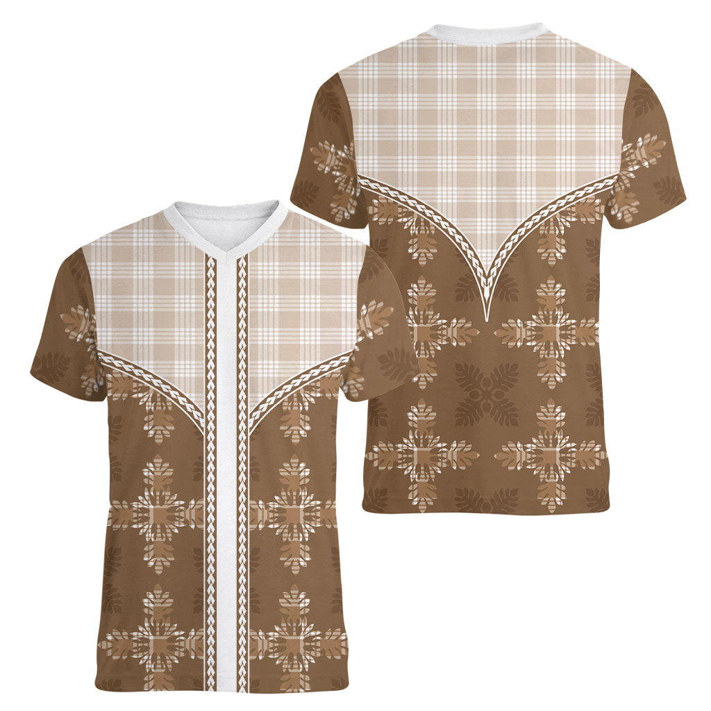 Beige Hawaii Paniolo Quilt Motif Women V-Neck T-Shirt LT05 - Polynesian Pride