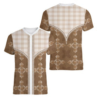 Beige Hawaii Paniolo Quilt Motif Women V-Neck T-Shirt LT05 - Polynesian Pride