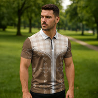 Beige Hawaii Paniolo Quilt Motif Zipper Polo Shirt LT05 - Polynesian Pride