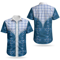 Blue Hawaii Paniolo Quilt Motif Couples Matching Off Shoulder Maxi Dress and Hawaiian Shirt LT05 - Polynesian Pride