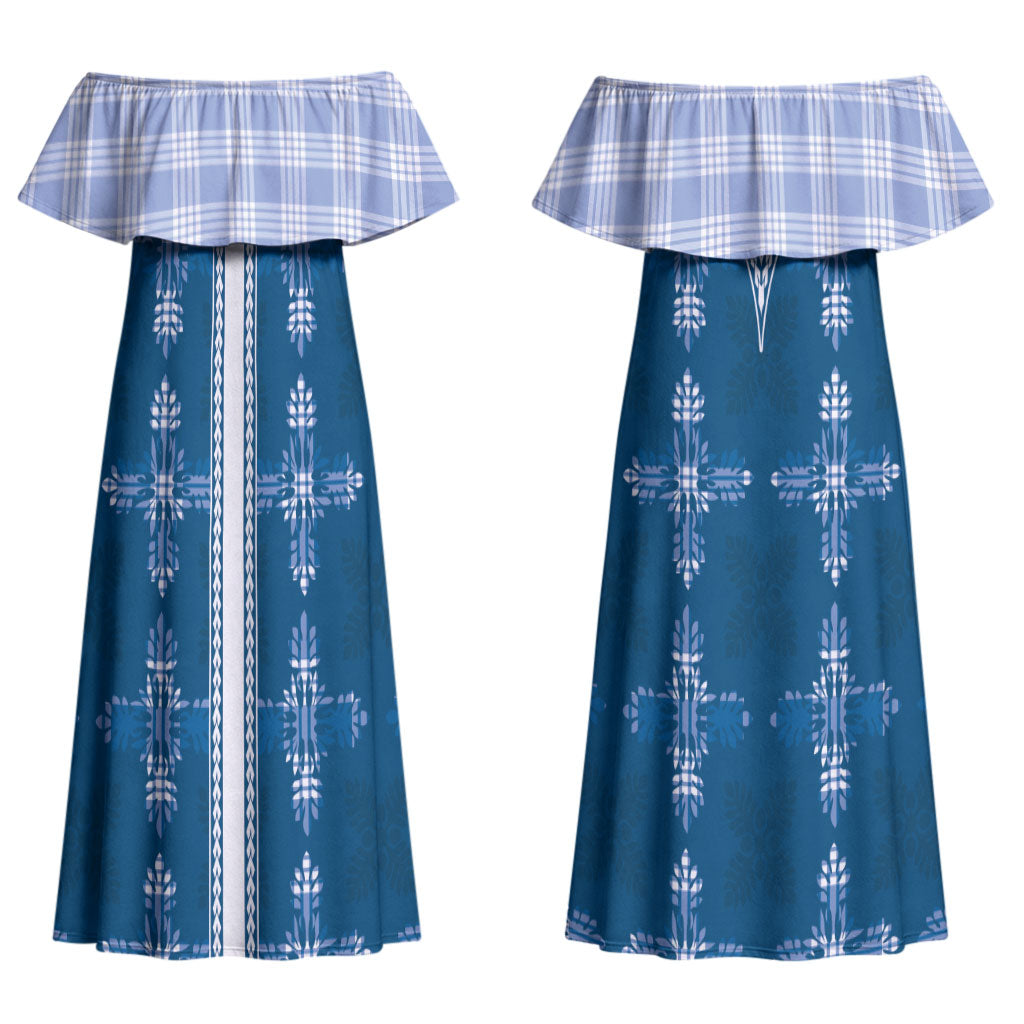 Blue Hawaii Paniolo Quilt Motif Couples Matching Off Shoulder Maxi Dress and Hawaiian Shirt LT05 - Polynesian Pride