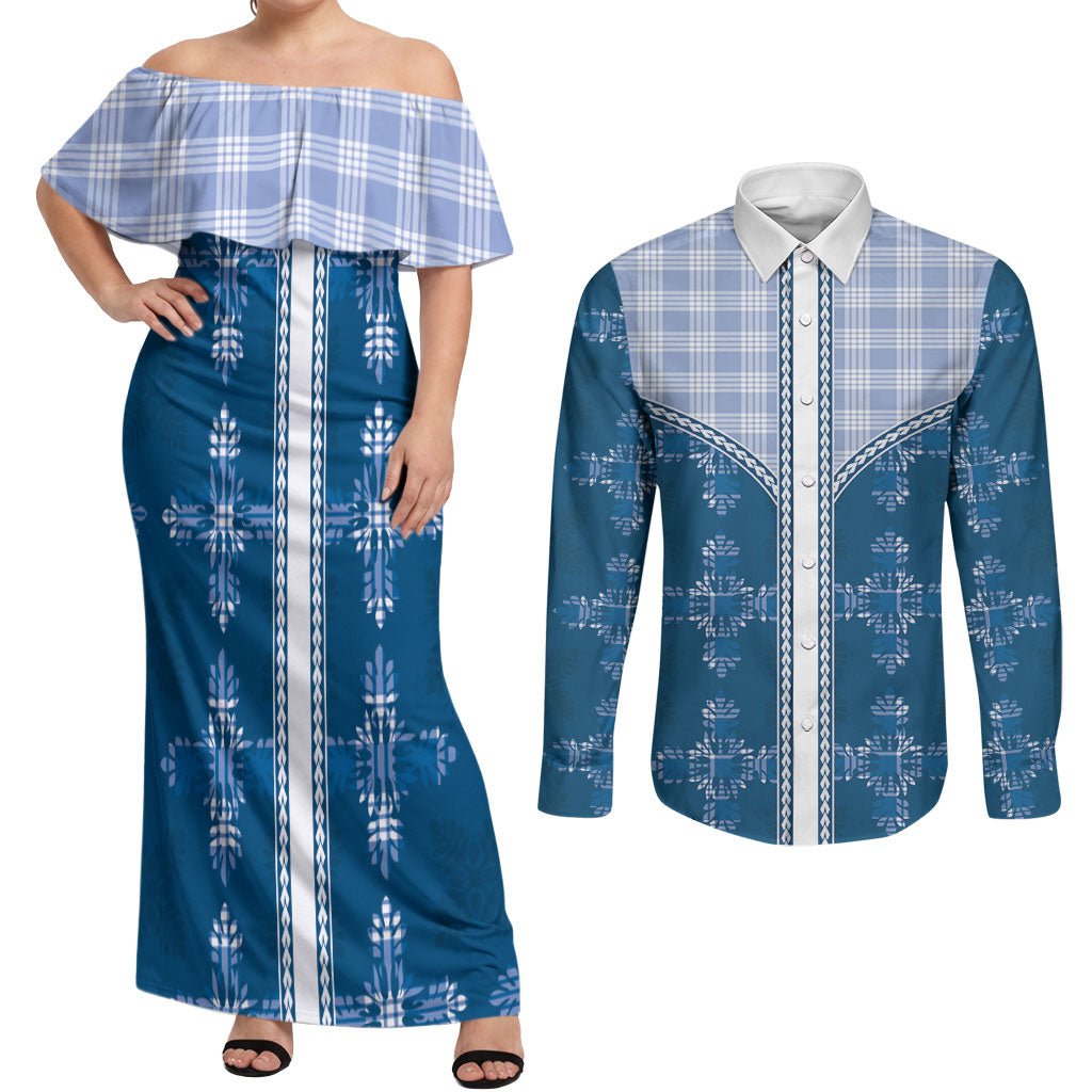 Blue Hawaii Paniolo Quilt Motif Couples Matching Off Shoulder Maxi Dress and Long Sleeve Button Shirt LT05 Blue - Polynesian Pride
