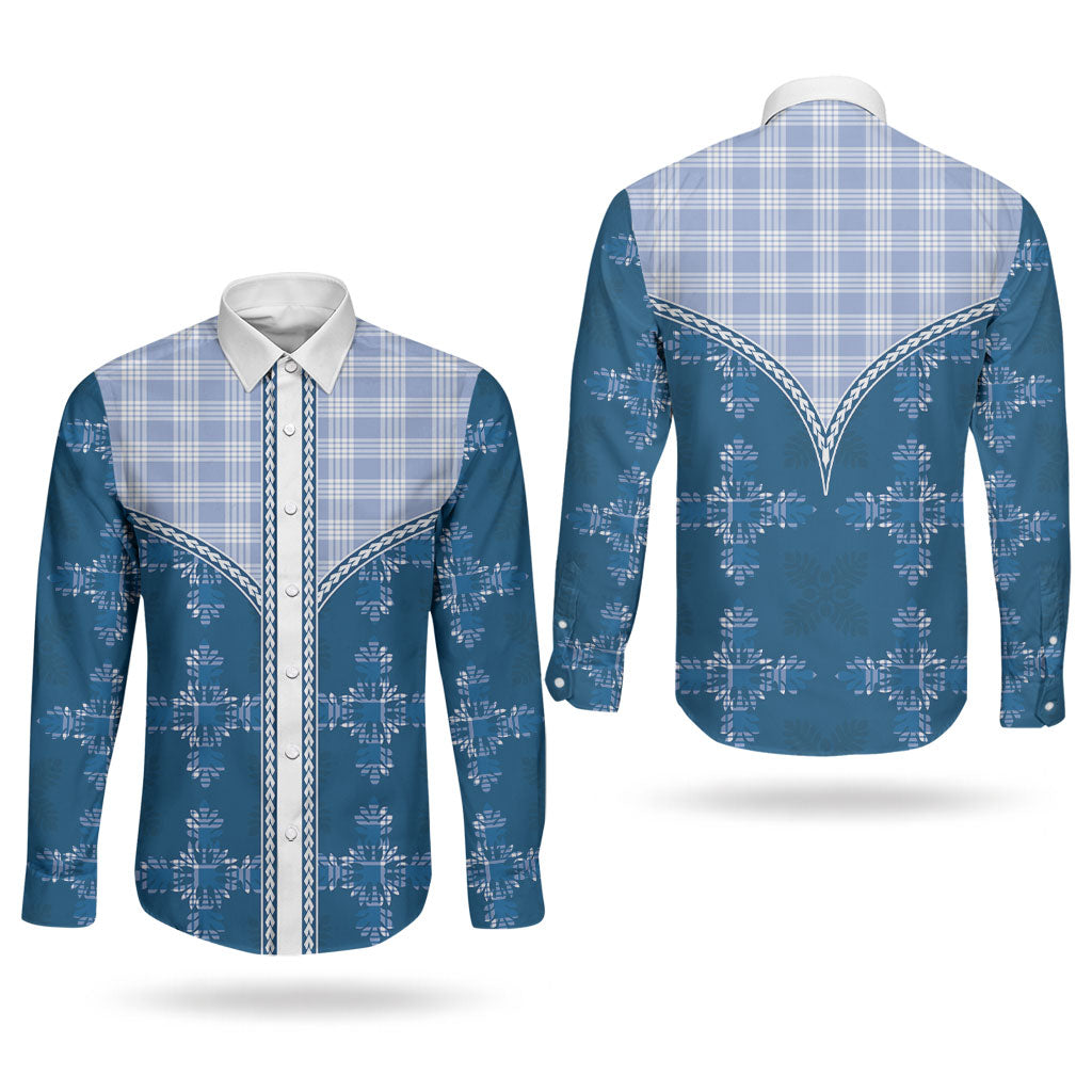 Blue Hawaii Paniolo Quilt Motif Couples Matching Off Shoulder Short Dress and Long Sleeve Button Shirt LT05 - Polynesian Pride