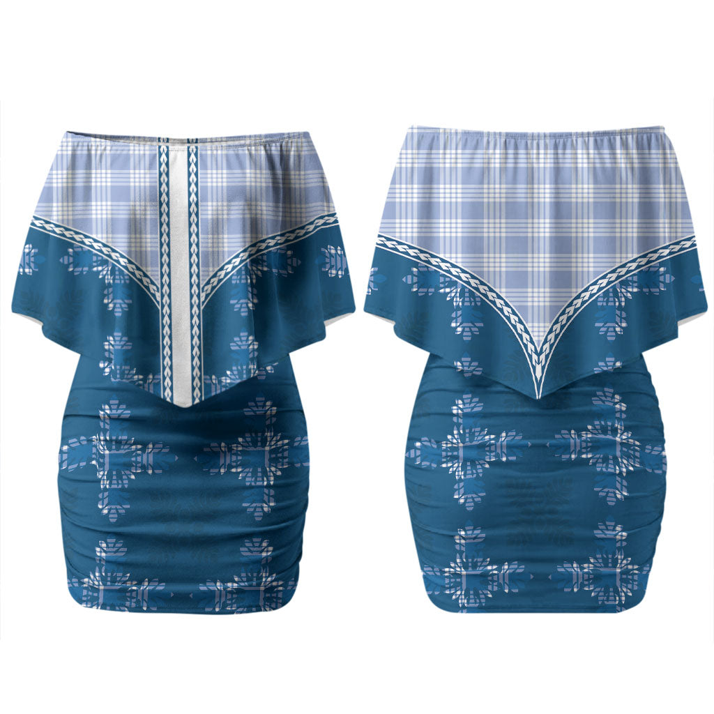 Blue Hawaii Paniolo Quilt Motif Couples Matching Off Shoulder Short Dress and Long Sleeve Button Shirt LT05 - Polynesian Pride