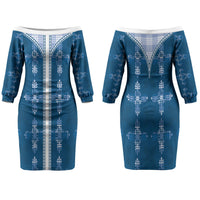 Blue Hawaii Paniolo Quilt Motif Couples Matching Off The Shoulder Long Sleeve Dress and Long Sleeve Button Shirt LT05 - Polynesian Pride