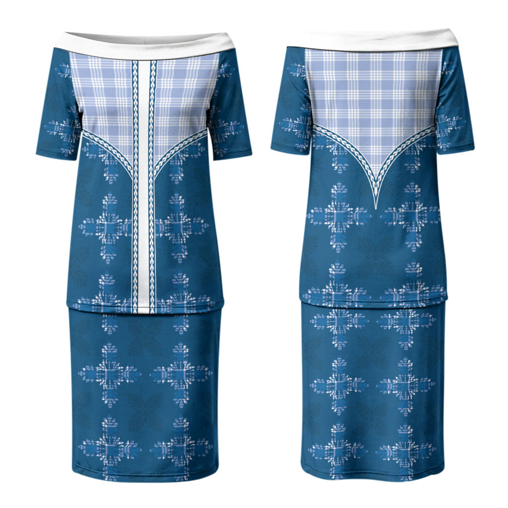 Blue Hawaii Paniolo Quilt Motif Couples Matching Puletasi and Long Sleeve Button Shirt LT05 - Polynesian Pride