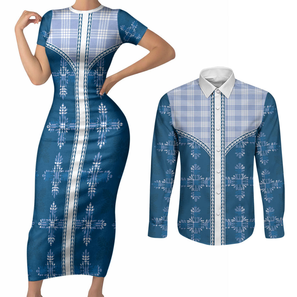 Blue Hawaii Paniolo Quilt Motif Couples Matching Short Sleeve Bodycon Dress and Long Sleeve Button Shirt LT05 Blue - Polynesian Pride