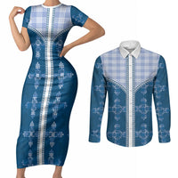 Blue Hawaii Paniolo Quilt Motif Couples Matching Short Sleeve Bodycon Dress and Long Sleeve Button Shirt LT05 Blue - Polynesian Pride
