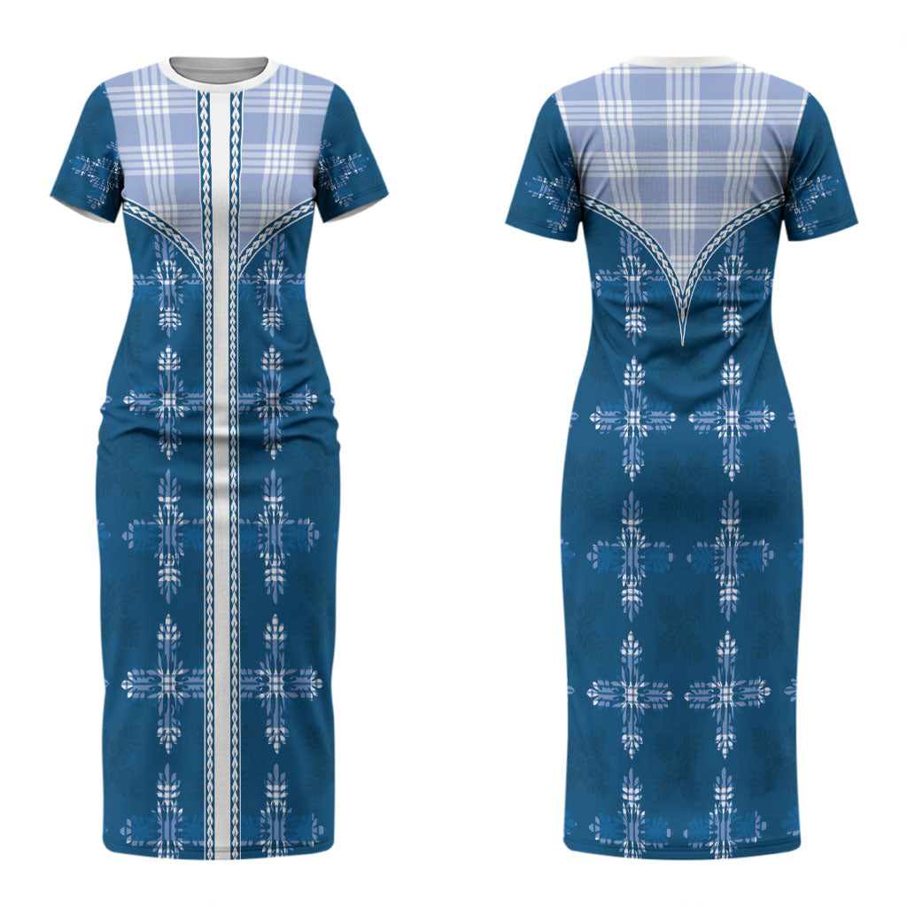 Blue Hawaii Paniolo Quilt Motif Couples Matching Short Sleeve Bodycon Dress and Long Sleeve Button Shirt LT05 - Polynesian Pride