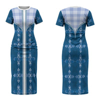 Blue Hawaii Paniolo Quilt Motif Couples Matching Short Sleeve Bodycon Dress and Long Sleeve Button Shirt LT05 - Polynesian Pride