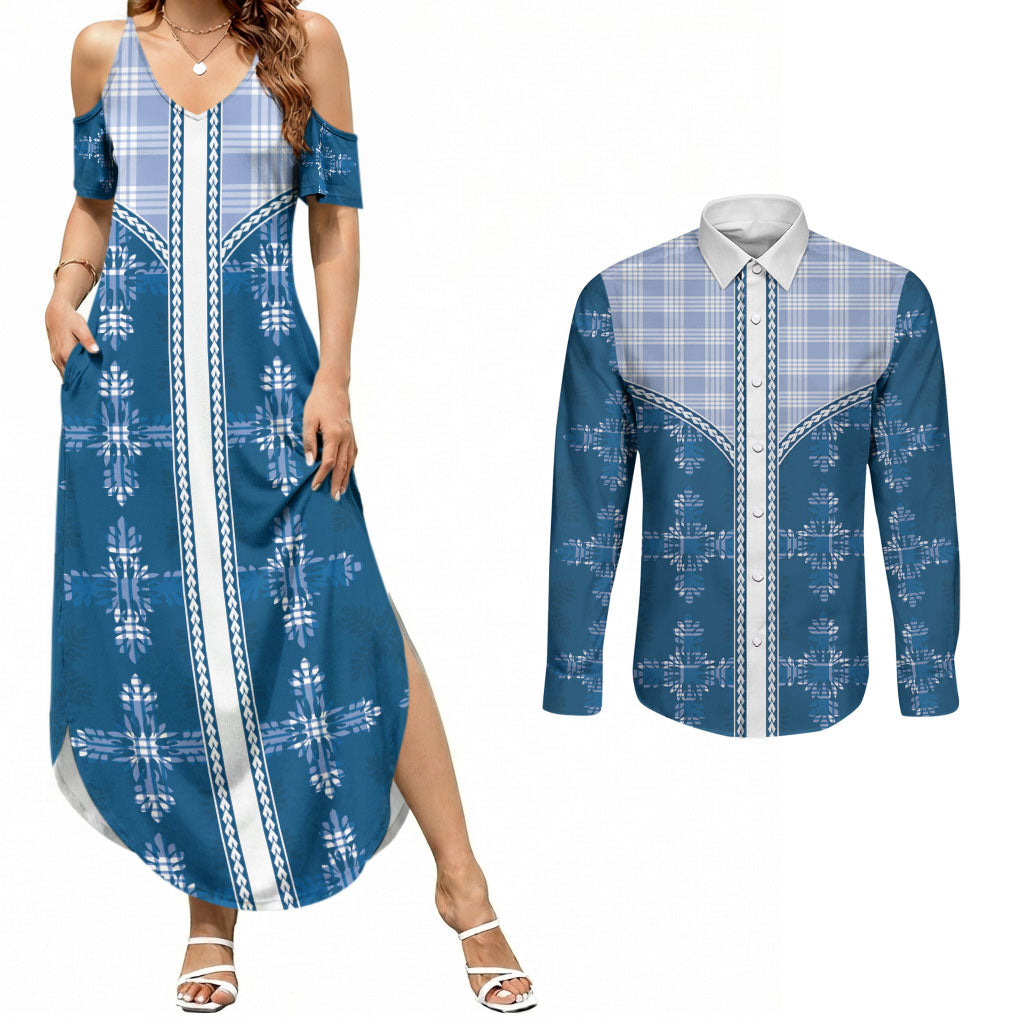 Blue Hawaii Paniolo Quilt Motif Couples Matching Summer Maxi Dress and Long Sleeve Button Shirt LT05 Blue - Polynesian Pride