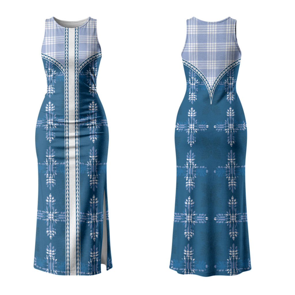 Blue Hawaii Paniolo Quilt Motif Couples Matching Tank Maxi Dress and Hawaiian Shirt LT05 - Polynesian Pride