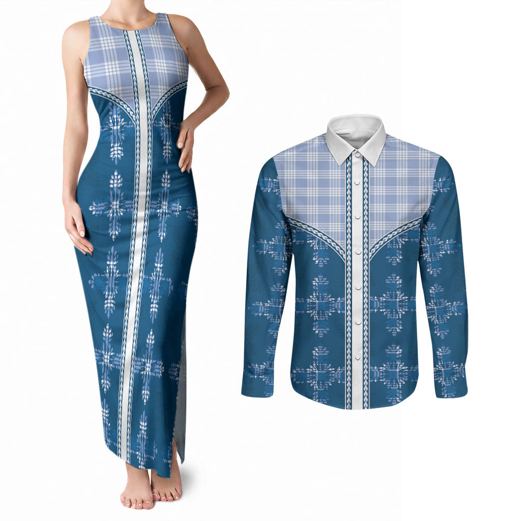 Blue Hawaii Paniolo Quilt Motif Couples Matching Tank Maxi Dress and Long Sleeve Button Shirt LT05 Blue - Polynesian Pride