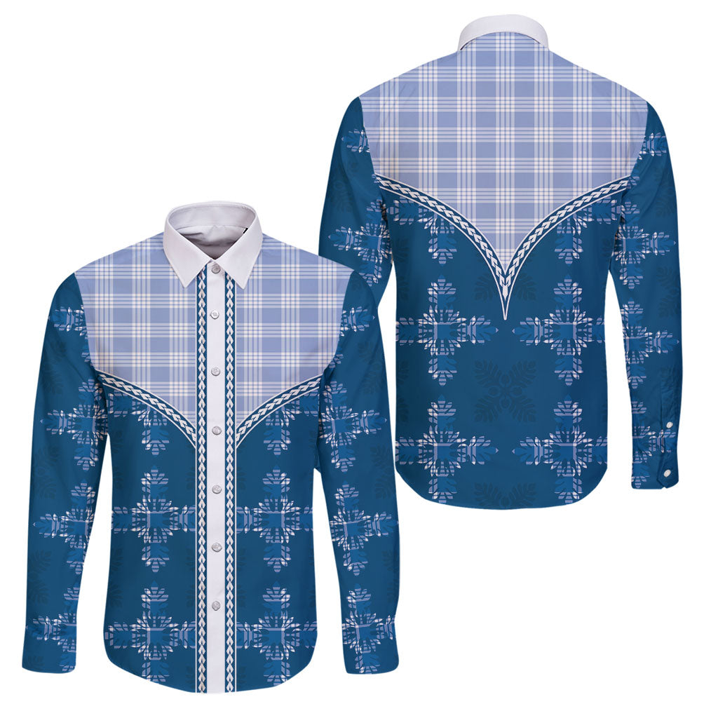 Blue Hawaii Paniolo Quilt Motif Family Matching Off Shoulder Maxi Dress and Hawaiian Shirt LT05 Dad's Shirt - Long Sleeve Blue - Polynesian Pride