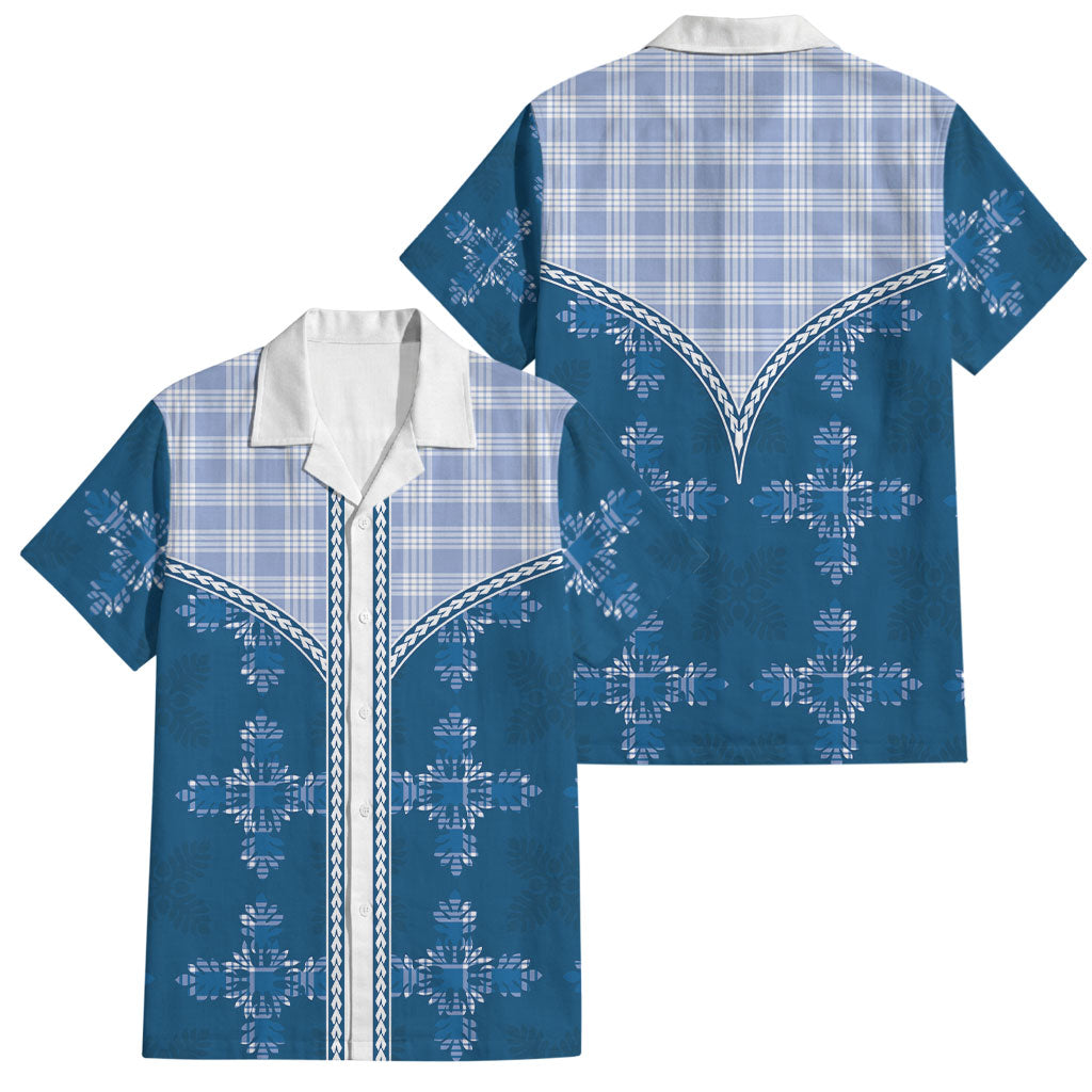 Blue Hawaii Paniolo Quilt Motif Family Matching Off Shoulder Short Dress and Hawaiian Shirt LT05 Dad's Shirt - Short Sleeve Blue - Polynesian Pride