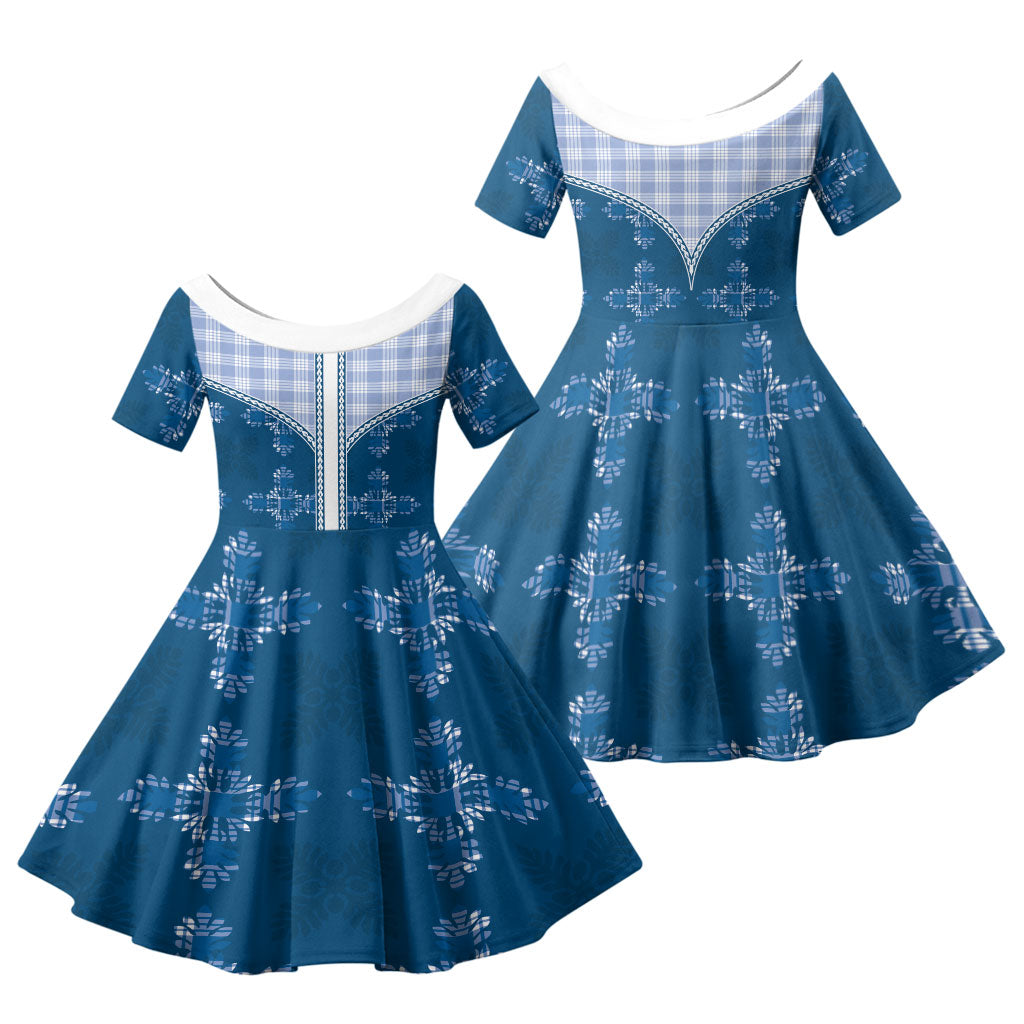Blue Hawaii Paniolo Quilt Motif Family Matching Off Shoulder Short Dress and Hawaiian Shirt LT05 Daughter's Dress Blue - Polynesian Pride