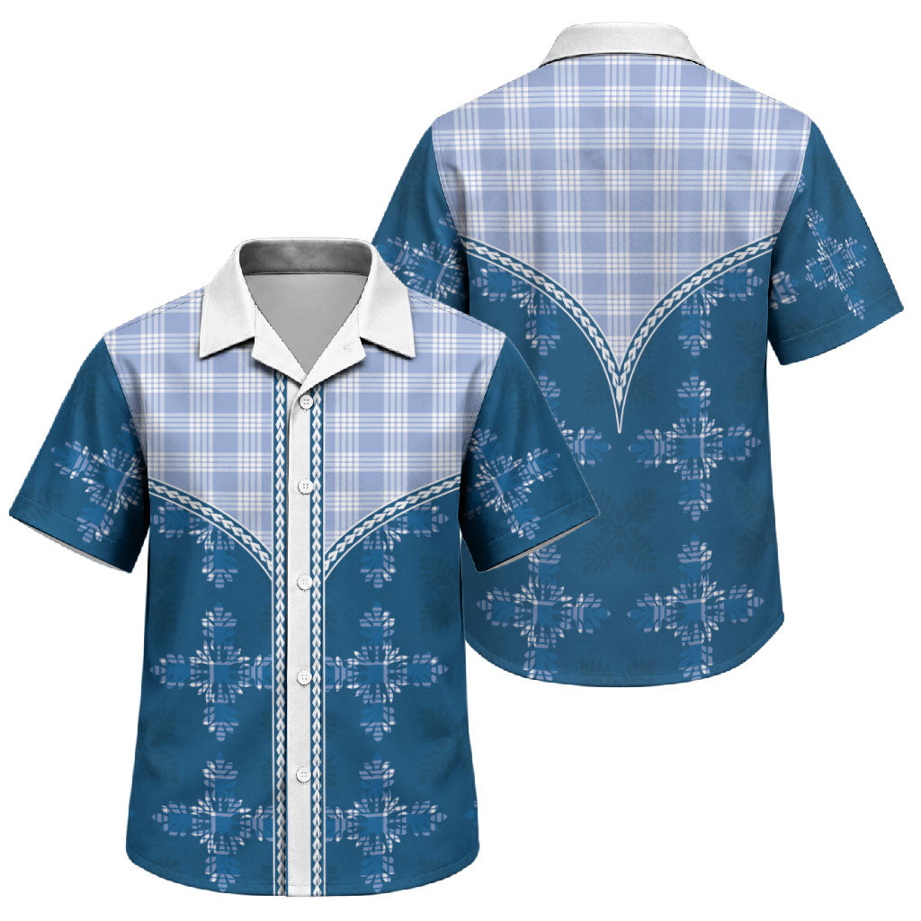 Blue Hawaii Paniolo Quilt Motif Family Matching Off Shoulder Short Dress and Hawaiian Shirt LT05 Son's Shirt Blue - Polynesian Pride