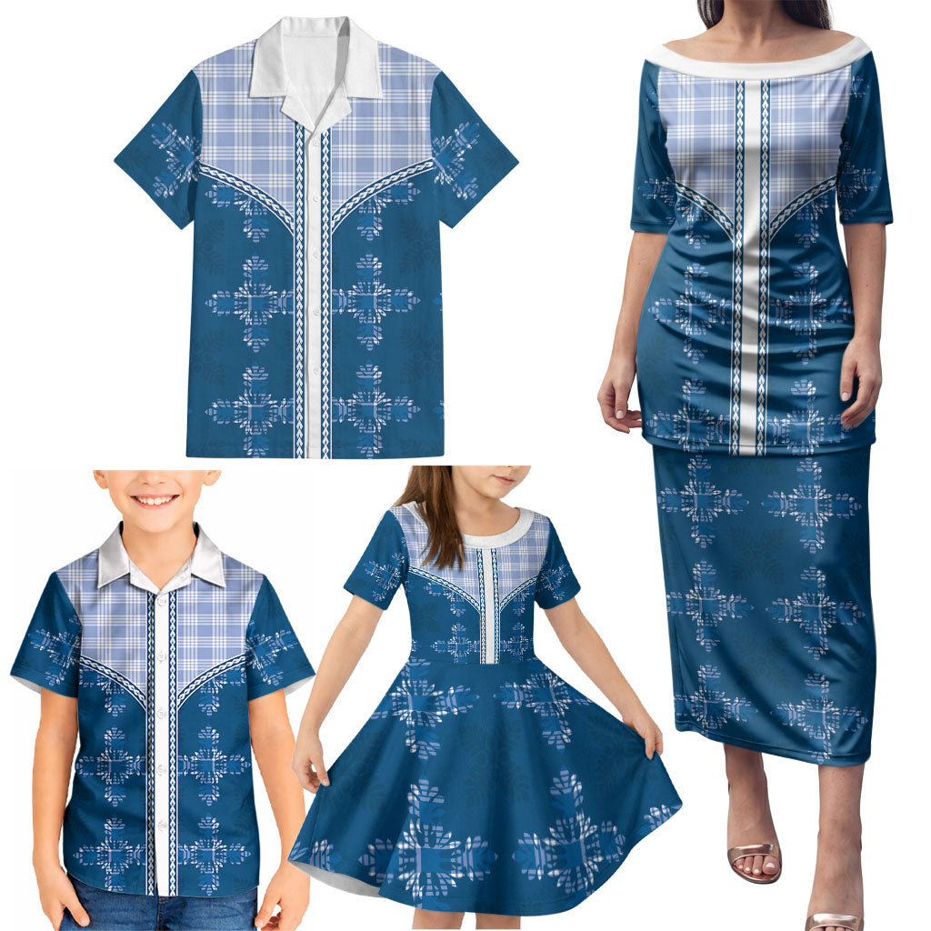 Blue Hawaii Paniolo Quilt Motif Family Matching Puletasi and Hawaiian Shirt LT05 - Polynesian Pride