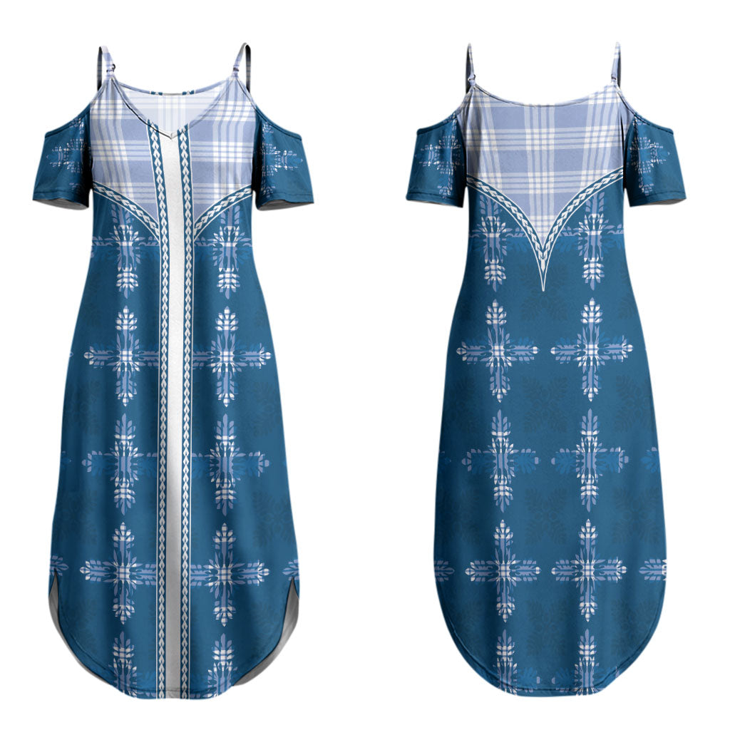 Blue Hawaii Paniolo Quilt Motif Family Matching Summer Maxi Dress and Hawaiian Shirt LT05 Mom's Dress Blue - Polynesian Pride