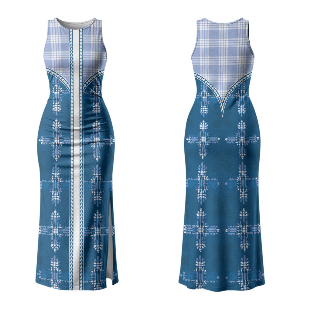 Blue Hawaii Paniolo Quilt Motif Family Matching Tank Maxi Dress and Hawaiian Shirt LT05 Mom's Dress Blue - Polynesian Pride
