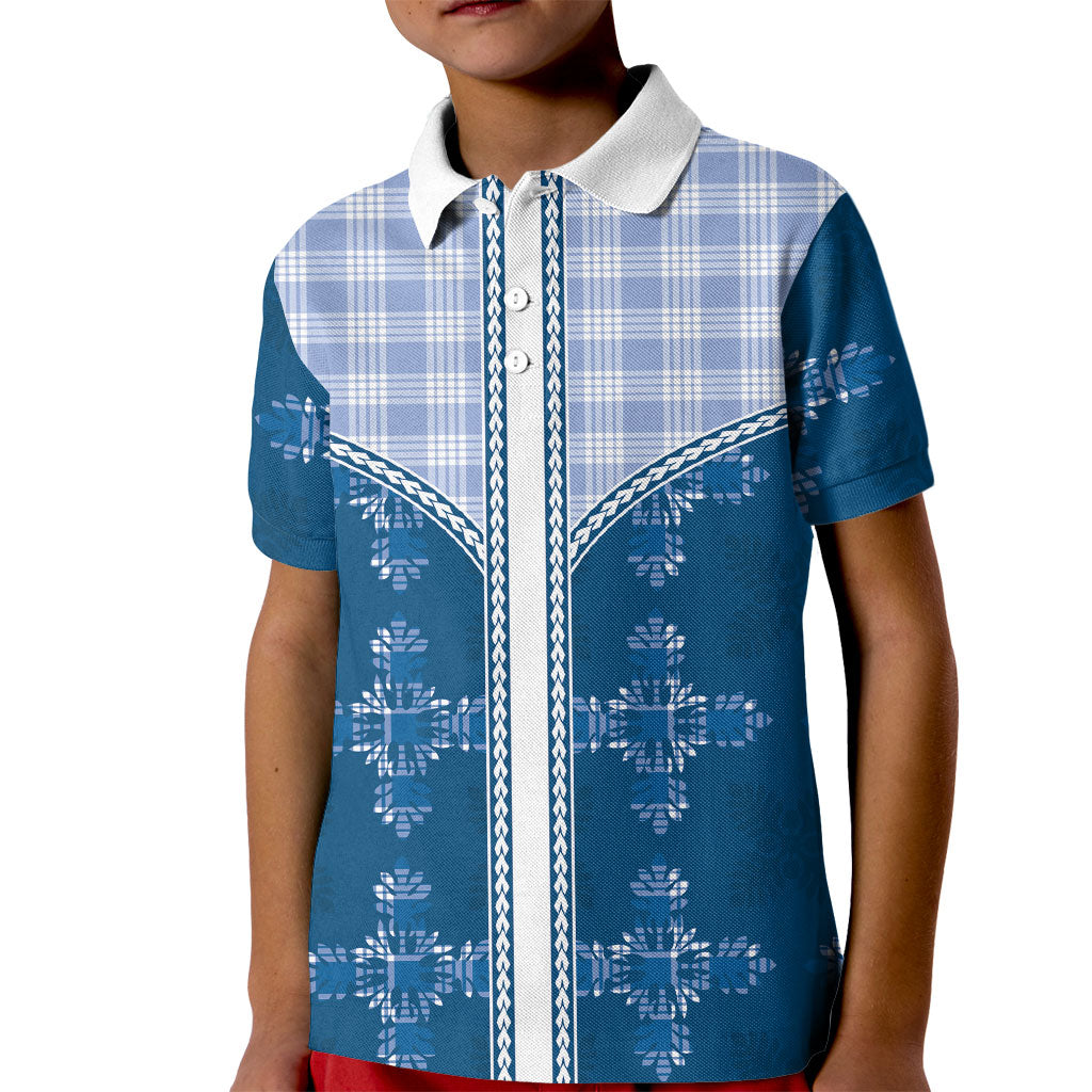 Blue Hawaii Paniolo Quilt Motif Kid Polo Shirt LT05 Kid Blue - Polynesian Pride