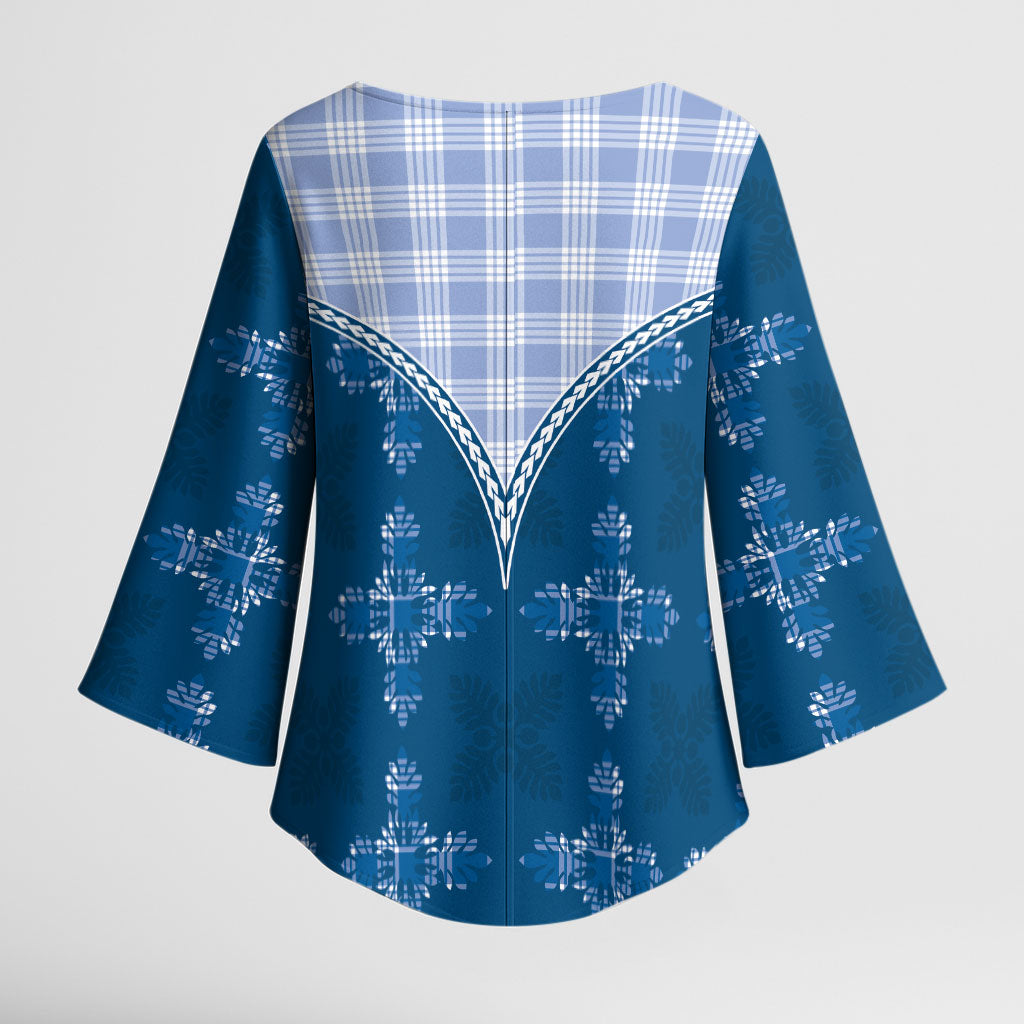 Blue Hawaii Paniolo Quilt Motif Kimono Sleeve Blouse LT05 - Polynesian Pride
