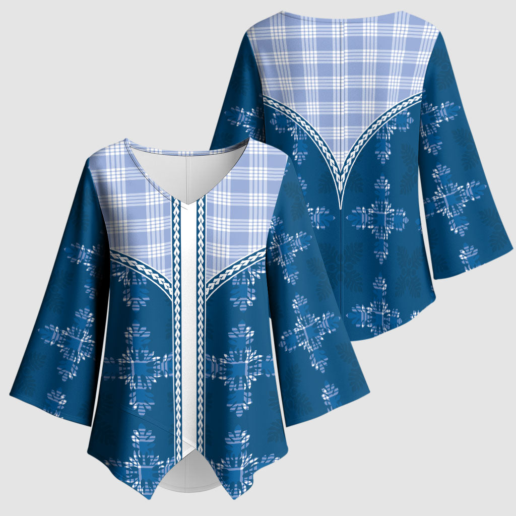 Blue Hawaii Paniolo Quilt Motif Kimono Sleeve Blouse LT05 - Polynesian Pride