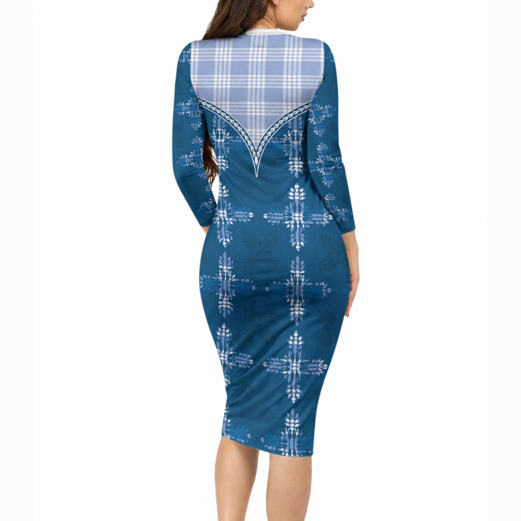 Blue Hawaii Paniolo Quilt Motif Long Sleeve Bodycon Dress LT05 - Polynesian Pride