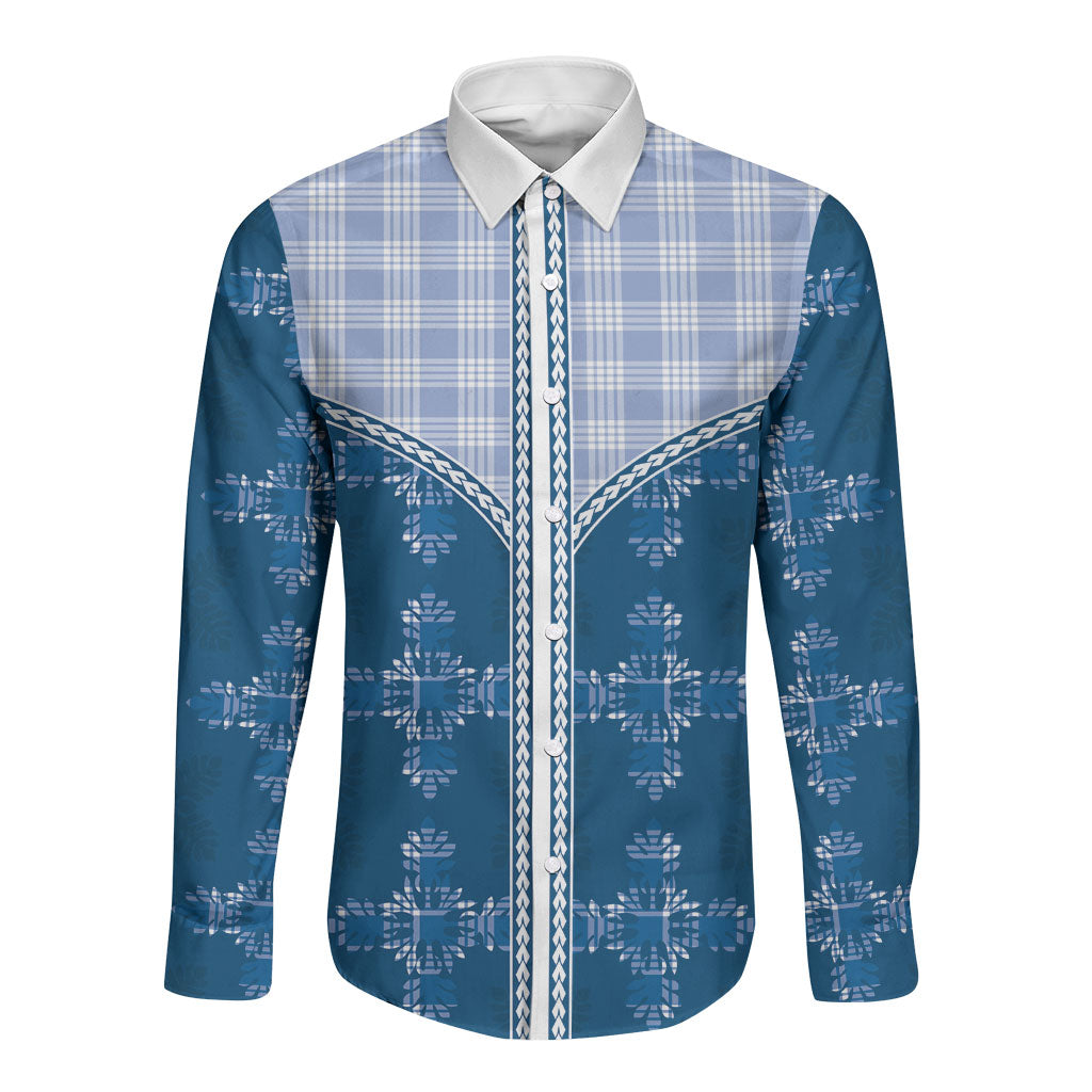 Blue Hawaii Paniolo Quilt Motif Long Sleeve Button Shirt LT05 Unisex Blue - Polynesian Pride