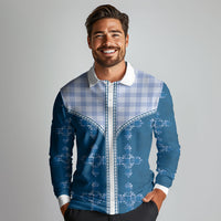Blue Hawaii Paniolo Quilt Motif Long Sleeve Polo Shirt LT05 - Polynesian Pride
