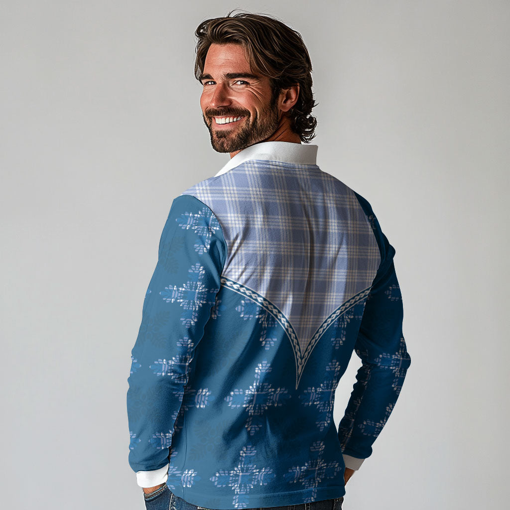 Blue Hawaii Paniolo Quilt Motif Long Sleeve Polo Shirt LT05 - Polynesian Pride