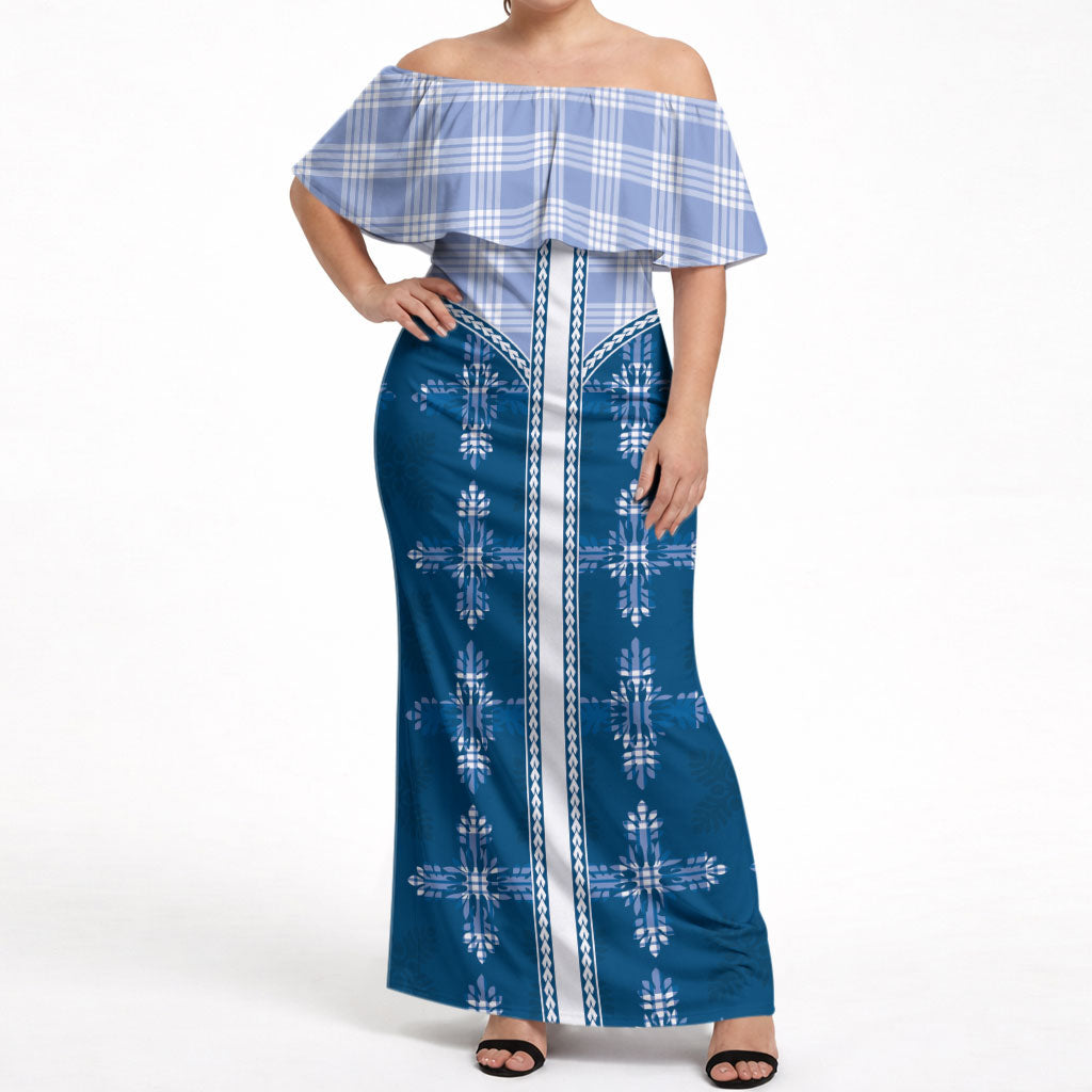 Blue Hawaii Paniolo Quilt Motif Off Shoulder Maxi Dress LT05 Women Blue - Polynesian Pride