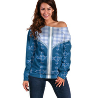 Blue Hawaii Paniolo Quilt Motif Off Shoulder Sweater LT05 Women Blue - Polynesian Pride
