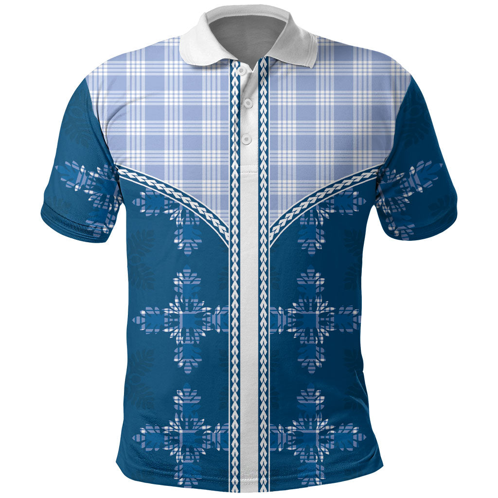 Blue Hawaii Paniolo Quilt Motif Polo Shirt LT05 Blue - Polynesian Pride