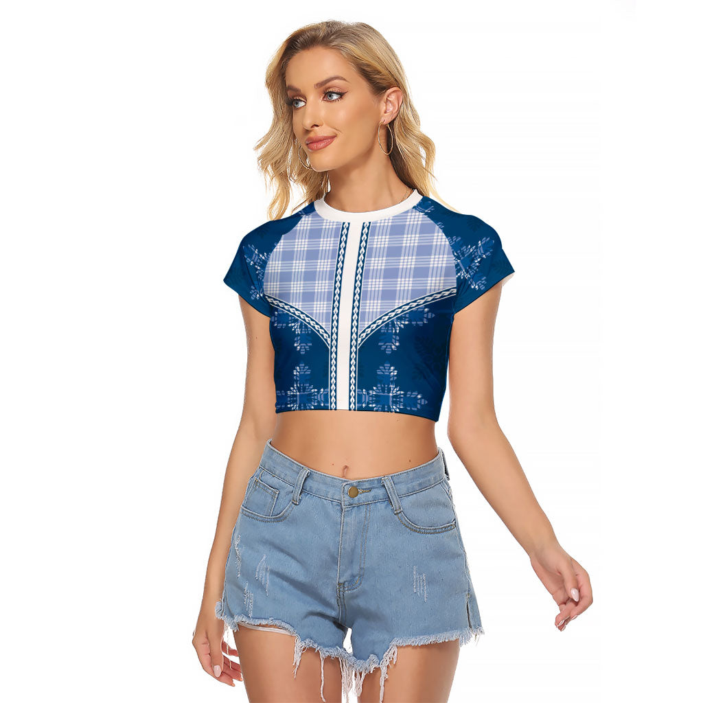 Blue Hawaii Paniolo Quilt Motif Raglan Cropped T Shirt LT05 Female Blue - Polynesian Pride